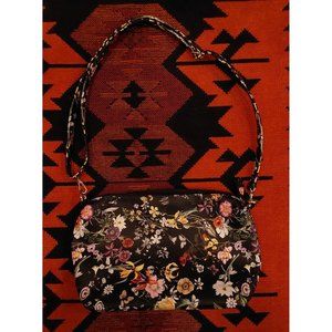 Adorable Floral Handbag Black Background. Long Adjustable Strap.